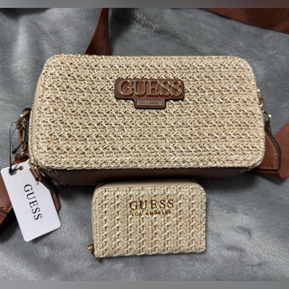 GUESS Tan and Brown Woven Crossbody bag with small wallet.